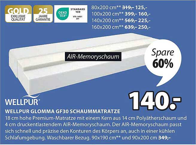WELLPUR GLOMMA GF30 Schaum-Matratze