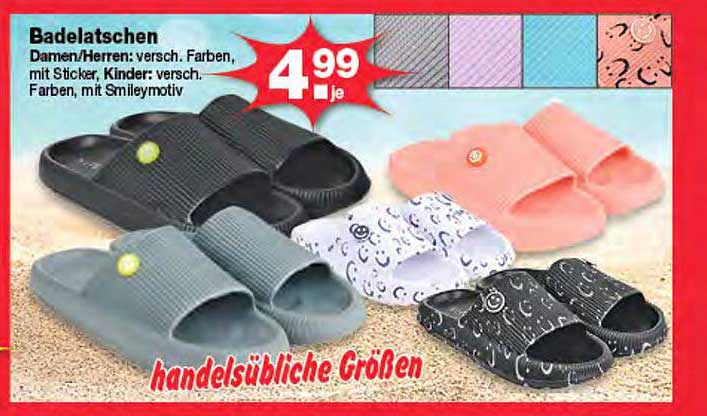 Badelatschen Damen/Herren: versch. Farben, mit Stickern; Kinder: versch. Farben, mit Smileymotiv