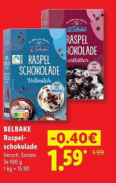 BELBAKE Raspelschokolade Versch. Sorten.