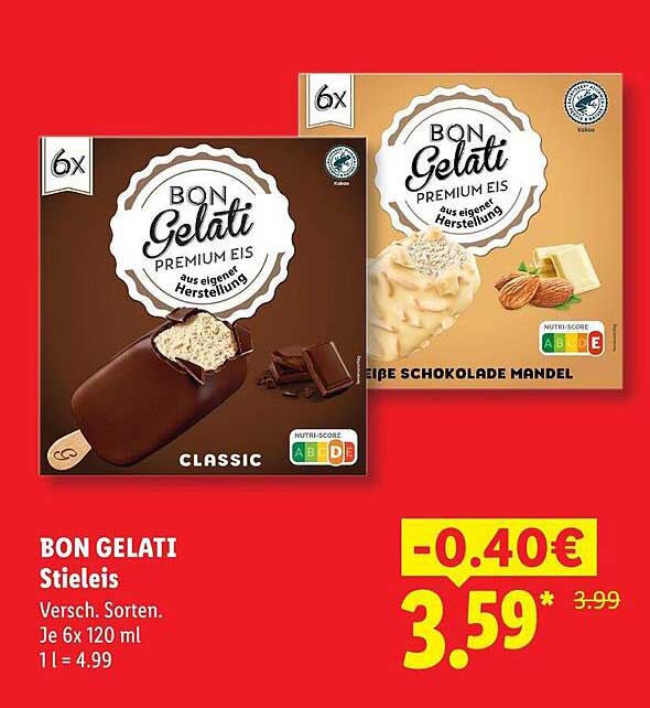 BON GELATI Stieleis Versch. Sorten. Je 6x 120 ml