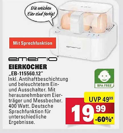 emerio EIERKOCHER „EB-115560.12“ Inkl. Antihaftebeschichtung und beleuchtetem Ein- und Ausschalter. Mit herausnehmbarem Eierträger und Messbecher. 400 Watt. Deutsche Sprachfunktion für unterschiedliche Ergebnisse.