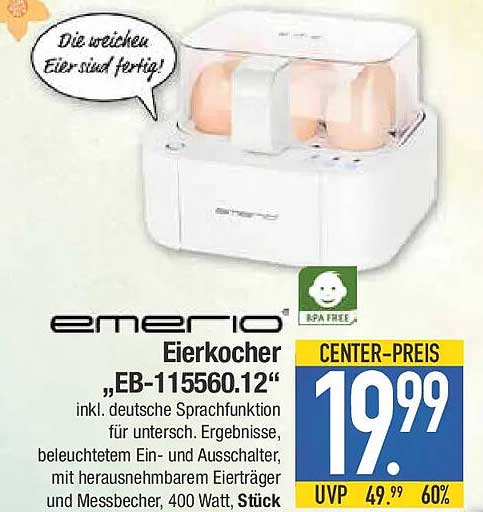 emerio Eierkocher „EB-115560.12“ inkl. deutsche Sprachfunktion für untersch. Ergebnisse, beleuchtetem Ein- und Ausschalter und herausnehmbarem Eierträger und Messbecher, 400 Watt, Stück