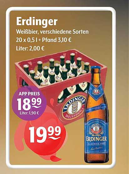 Erdinger Weißbier, verschiedene Sorten 20 x 0,5 l + Pfand 3,10 €