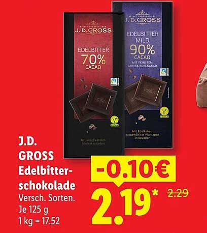 J.D. GROSS Edelbitter-Schokolade Versch. Sorten.