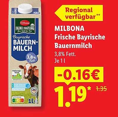 MILBONA Frische Bayrische Bauermilch 3,8% Fett Je 1l
