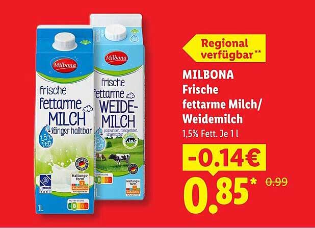 MILBONA Frische fettarme Milch/ Weidemilch, 1,5% Fett. Je 1 l