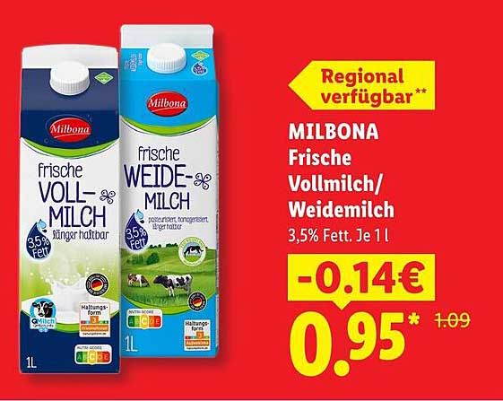 MILBONA Frische Vollmilch/Weidemilch 3,5% Fett Je 1 l