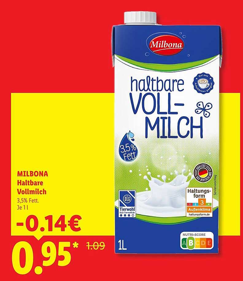 MILBONA Haltbare Vollmilch 3,5% Fett. Je 1 l
