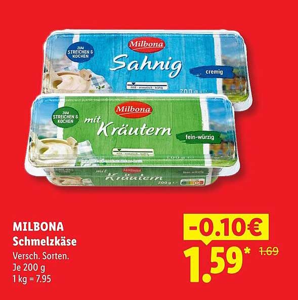 MILBONA Schmelzkäse Versch. Sorten. Je 200 g