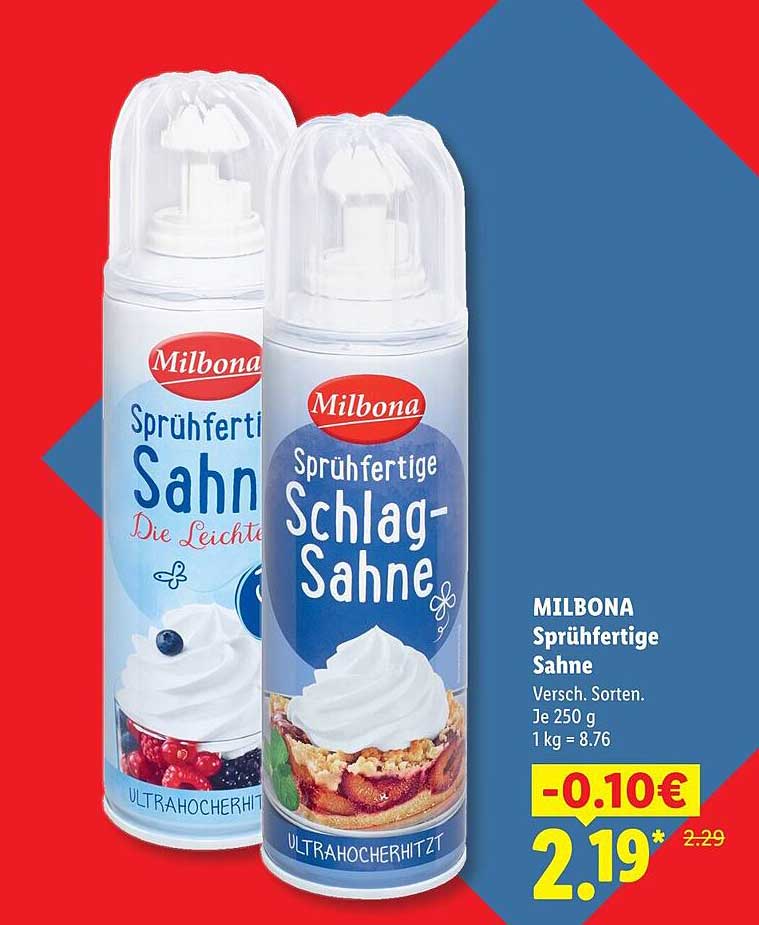 MILBONA Sprühfertige Sahne Versch. Sorten. Je 250 g