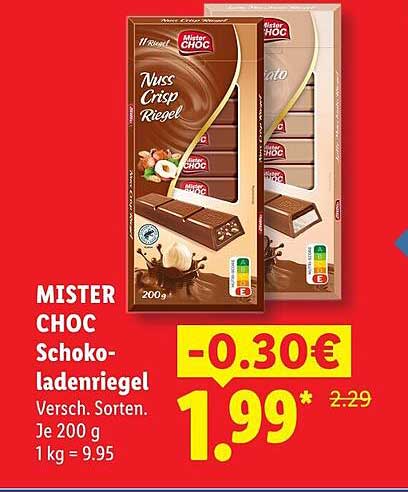 MISTER CHOC Schokoladenriegel Versch. Sorten. Je 200 g