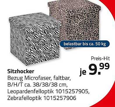 Sitzhocker
Bezug Microfaser, faltbar, B/H/T ca. 38/38/38 cm, Leopardenfelloptik 1015257905, Zebrafelloptik 1015257906