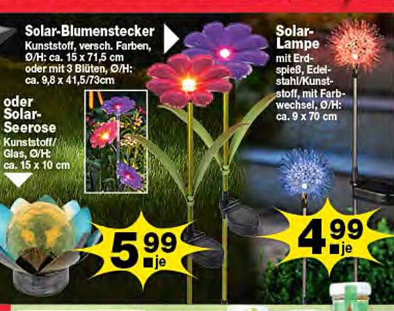 Solar-Blumenstecker Kunststoff, versch. Farben, Ø/H: ca. 15 x 71,5 cm oder mit 3 Blüten, Ø/H: ca. 9,8 x 41,5/73 cm