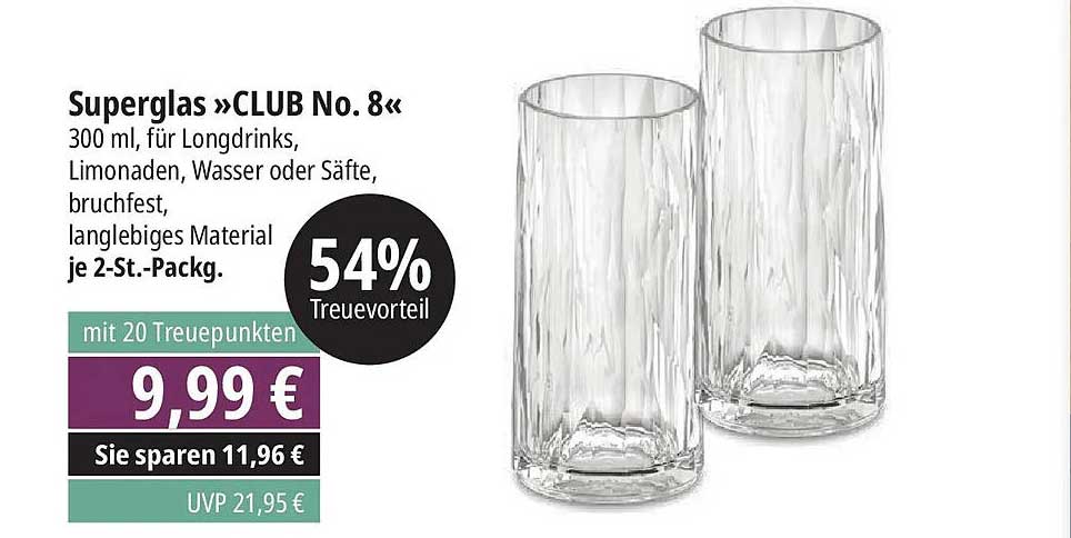 Superglas »CLUB No. 8« 300 ml, für Longdrinks, Limonaden, Wasser oder Säfte, bruchfest, langlebiges Material je 2-St.-Pack.