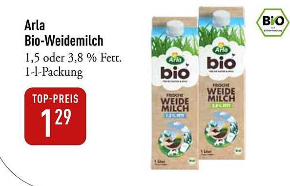 Arla Bio-Weidemilch 1,5 oder 3,8 % Fett - 1-l-Packung