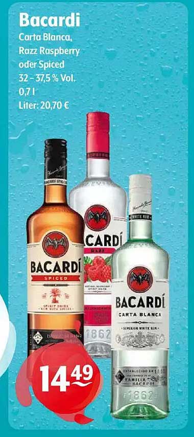 Bacardi Carta Blanca, Razz Raspberry oder Spiced 0,7l