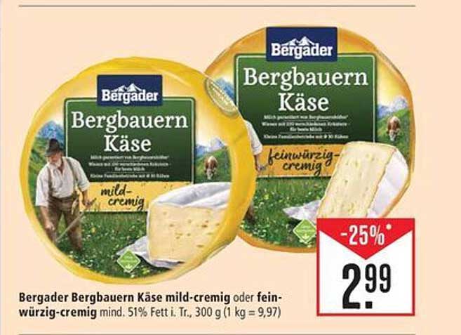 Bergader Bergbauern Käse mild-cremig oder fein-würzig-cremig 300 g