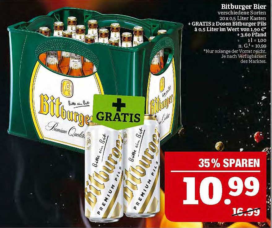 Bitburger Bier 20 x 0,5 Liter Kasten + GRATIS 2 Dosen Bitburger Pils