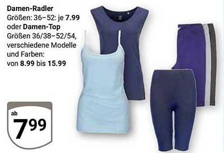 Damen-Radler und Damen-Tops in verschiedenen Größen und Farben