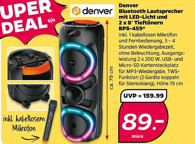 Denver Bluetooth Lautsprecher mit LED-Licht und 2 x 8" Tieftönern BPS-459