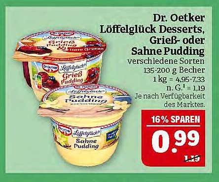 Dr. Oetker Löffelglück Desserts, Grieß- oder Sahne Pudding, verschiedene Sorten