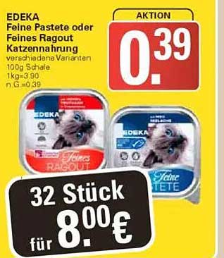 EDEKA Feine Pastete oder Feines Ragout Katzennahrung 100g Schale
