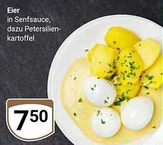 Eier in Senfsauce, dazu Petersilienkartoffel