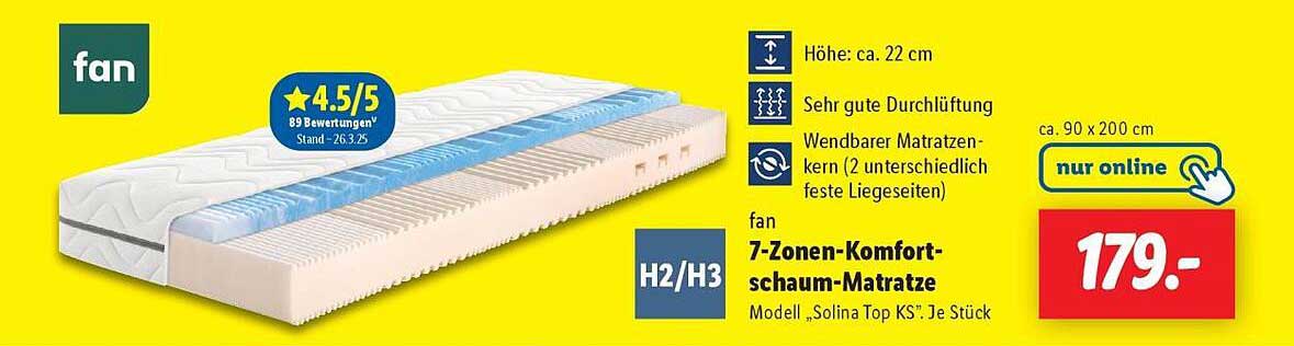 fan 7-Zonen-Komfortschaum-Matratze Modell „Solina Top KS“