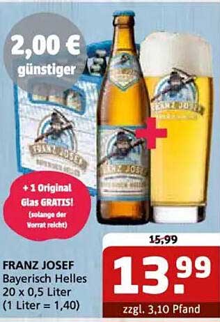 FRANZ JOSEF Bayerisch Helles 20 x 0,5 Liter + 1 Original Glas GRATIS!