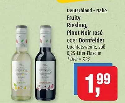 Fruity Riesling, Pinot Noir rosé oder Dornfelder Qualitätsweine, süß – 0,25-Liter-Flasche