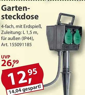 Gartensteckdose 4-fach mit Erdspiess, Zuleitung: L 1,5 m, für außen (IP44), Art. 155091185