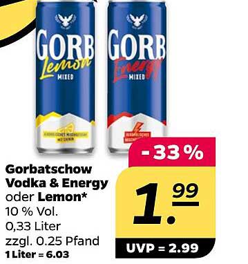 Gorbatschow Vodka & Energy oder Lemon - 0,33 Liter