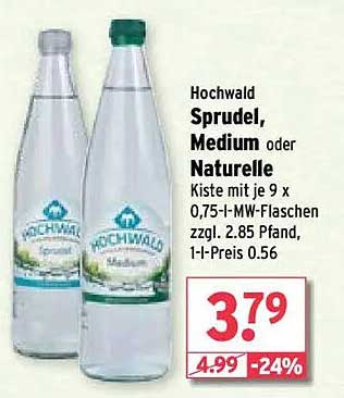 Hochwald Sprudel, Medium oder Naturelle - Kiste mit 9 x 0,75 l-Flaschen