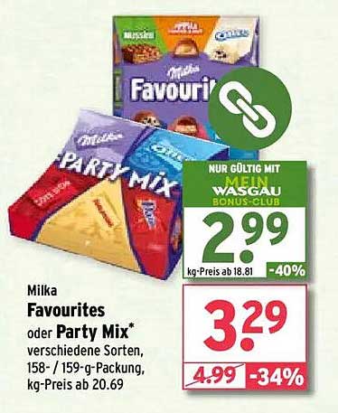 Milka Favourites oder Party Mix, verschiedene Sorten, 158- / 159-g-Packung
