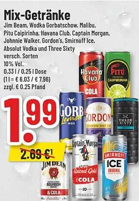Mix-Getränke: Jim Beam, Wodka Gorbatshow, Malibu und mehr - nur 1,99 €!