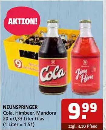 NEUNSPRINGER Cola, Himbeer, Mandora 20 x 0,33 Liter Glas
