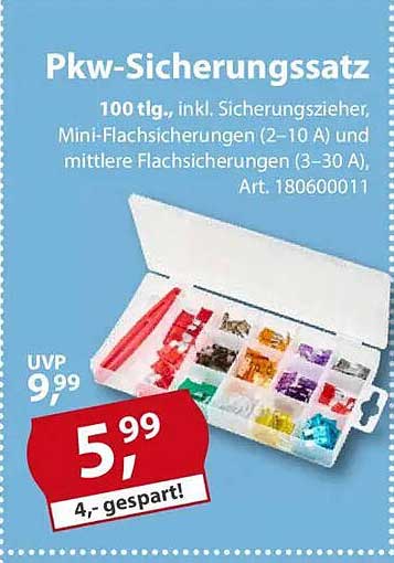 Pkw-Sicherungssatz 100 tlg., inkl. Sicherungszieher, Mini-Flachsicherungen (2–10 A) und mittlere Flachsicherungen (3–30 A)