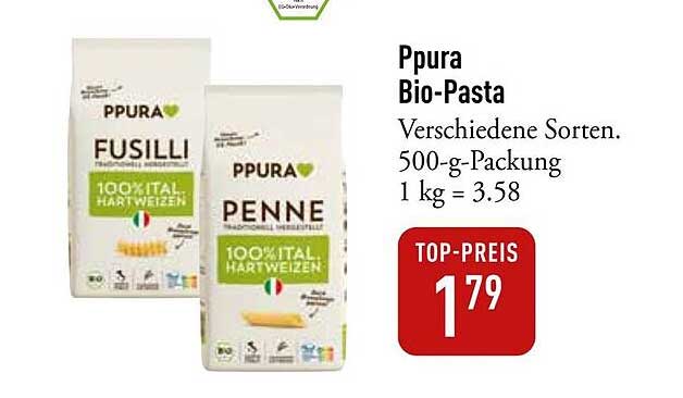 Ppura Bio-Pasta - Fusilli und Penne in 500-g-Packung