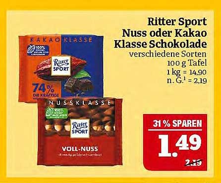 Ritter Sport Nuss oder Kakao Klasse Schokolade - verschiedene Sorten