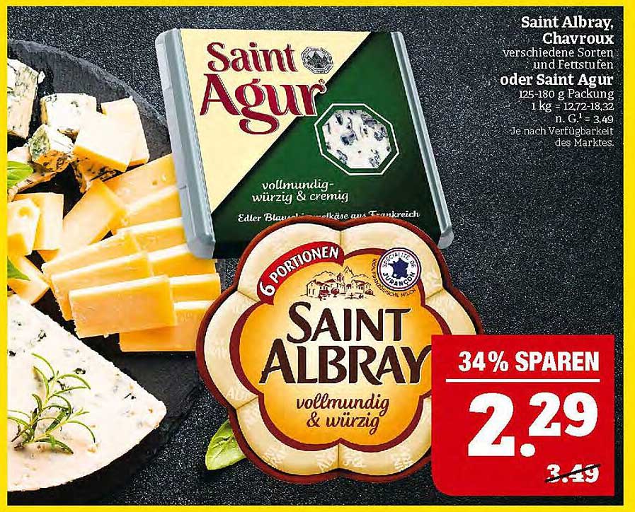 Saint Albray, Chavroux verschiedene Sorten und Fetakäse oder Saint Agur 125-180 g Packung