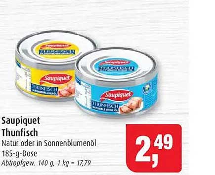 Saupiquet Thunfisch Natur oder in Sonnenblumenöl 185-g-Dose