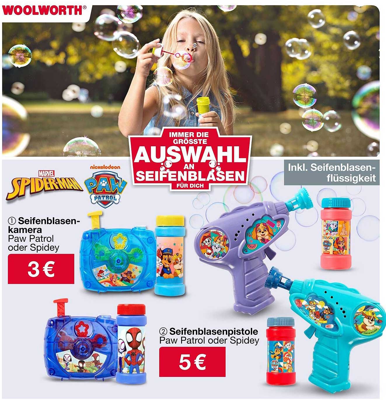 Seifenblaskamera und Seifenblasenpistole von Paw Patrol oder Spidey