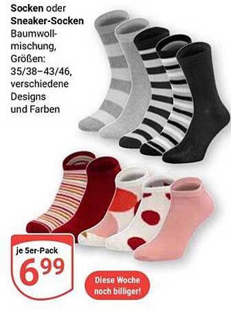 Socken oder Sneaker-Socken Baumwoll-Mischung, Größen: 35/38 – 43/46, verschiedene Designs und Farben
