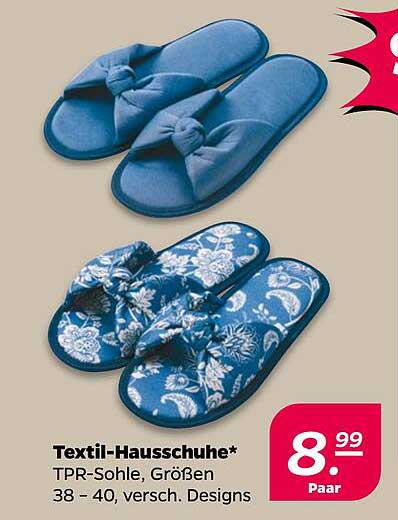 Textil-Hausschuhe - TPR-Sohle, Größen 38 - 40, verschiedene Designs