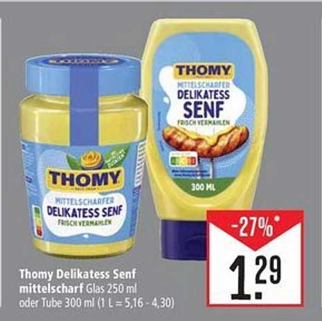 Thomy Delikatess Senf mittelscharf 250 ml oder Tube 300 ml
