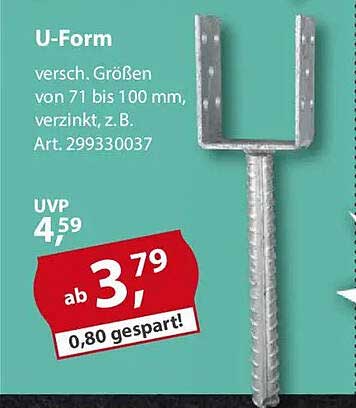 U-Form, verzinkt, verschiedene Größen von 71 bis 100 mm, Art. 299330037