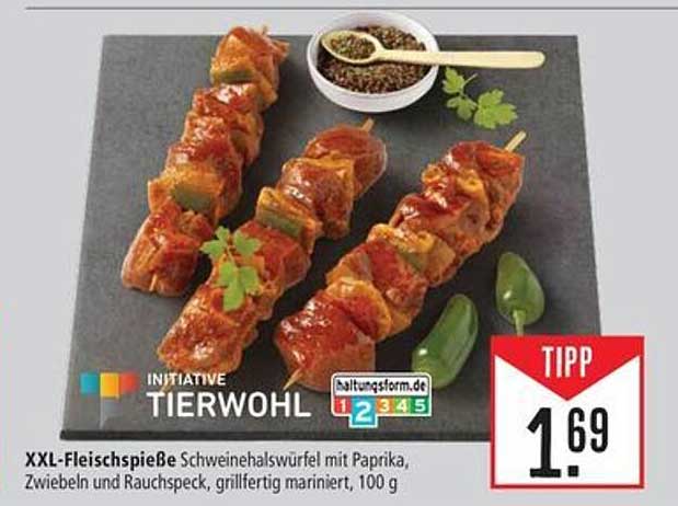 XXL-Fleischspieße Schweinehalswürfel mit Paprika, Zwiebeln und Rauchspeck, grillfertig mariniert, 100 g