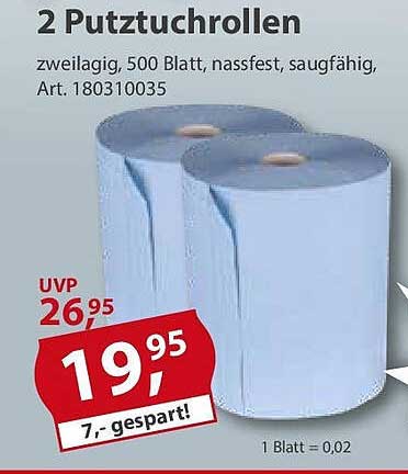 2 Putzuchtrollen, 500 Blatt, nassfest, saugfähig