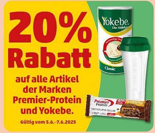 20% Rabatt auf alle Artikel der Marken Premier-Protein und Yokebe