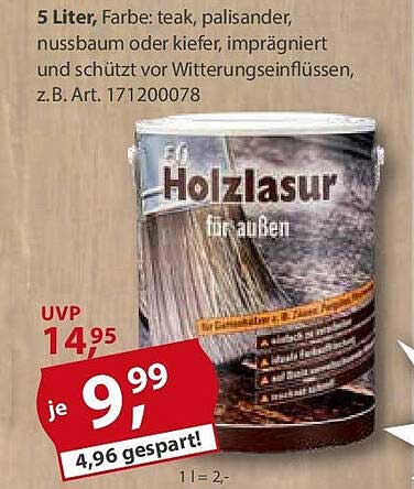 5 Liter Holzlasur für außen, Farbe: teak, palisander, nussbaum oder kiefer